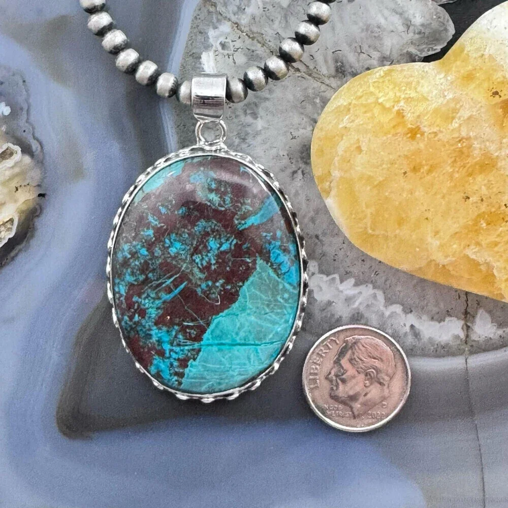 Sterling Silver Southwestern Style Large Oval Green Turquoise Pendant For Women - Picture 8 of 10